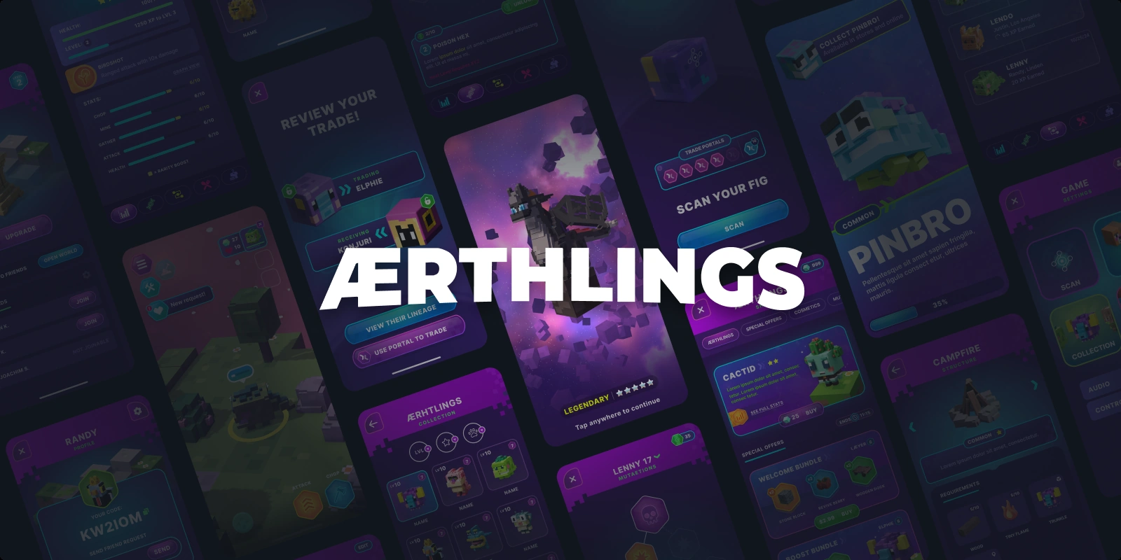 Aerthlings mobile app screens collage with the Ærthlings wordmark, showing trading, collection, and gameplay interfaces