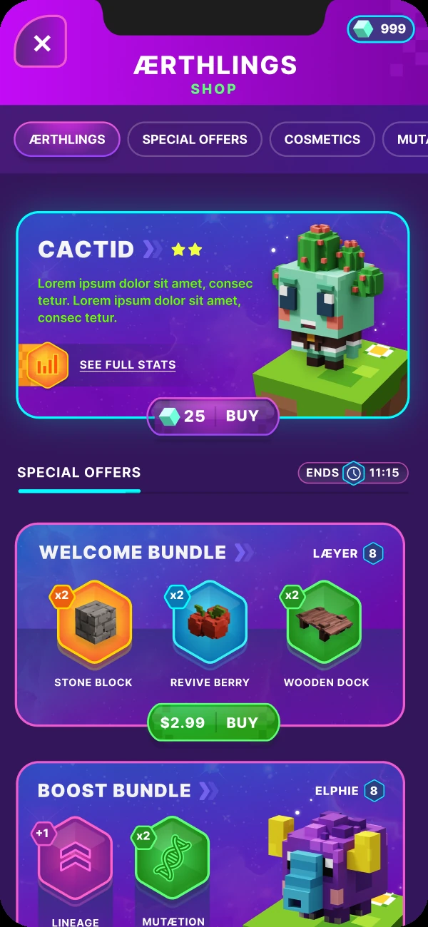 Aerthlings shop screen showing the Cactid character and welcome bundle offers
