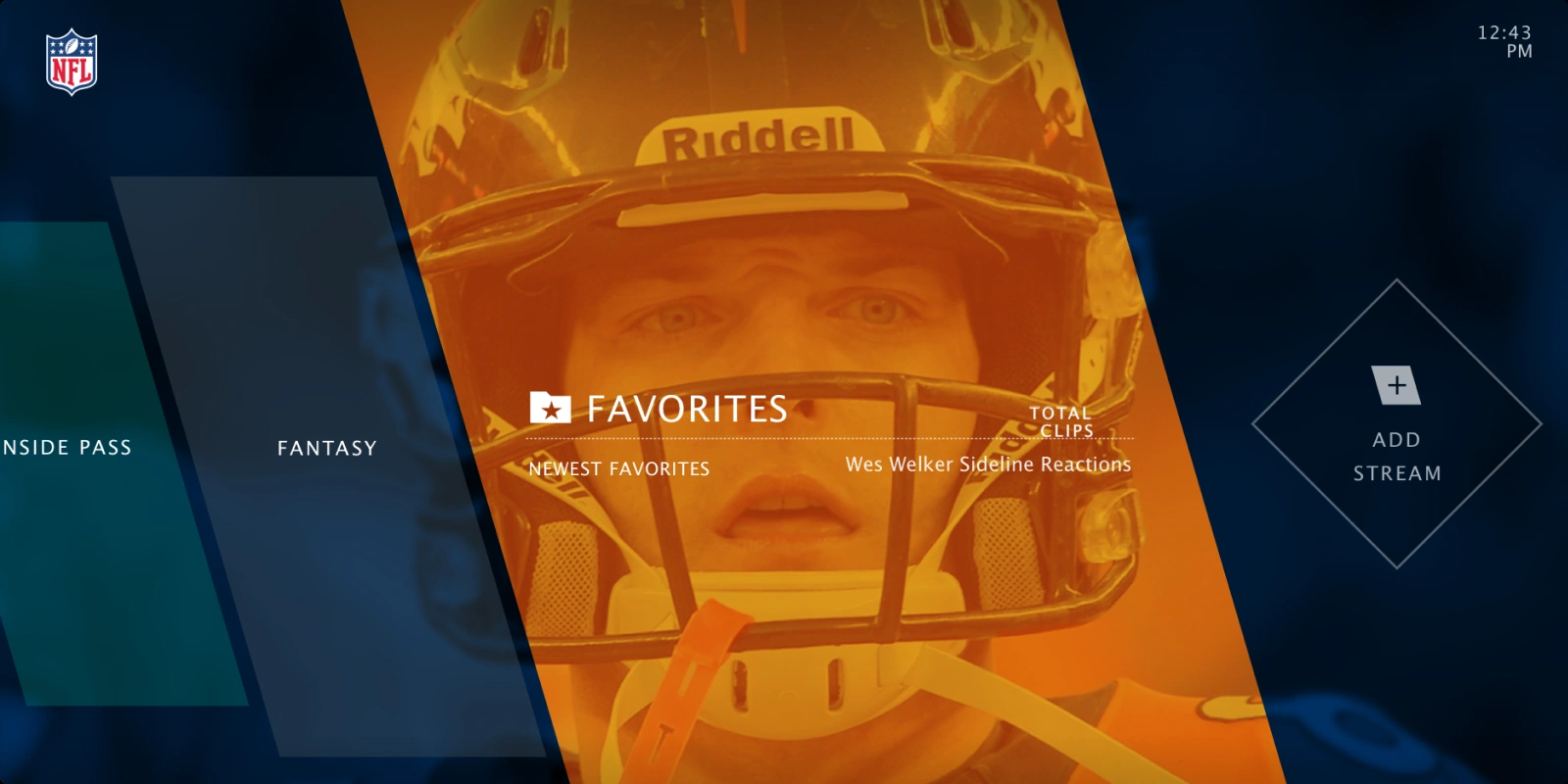 NFL connected TV app showing the Favorites screen with saved video clips