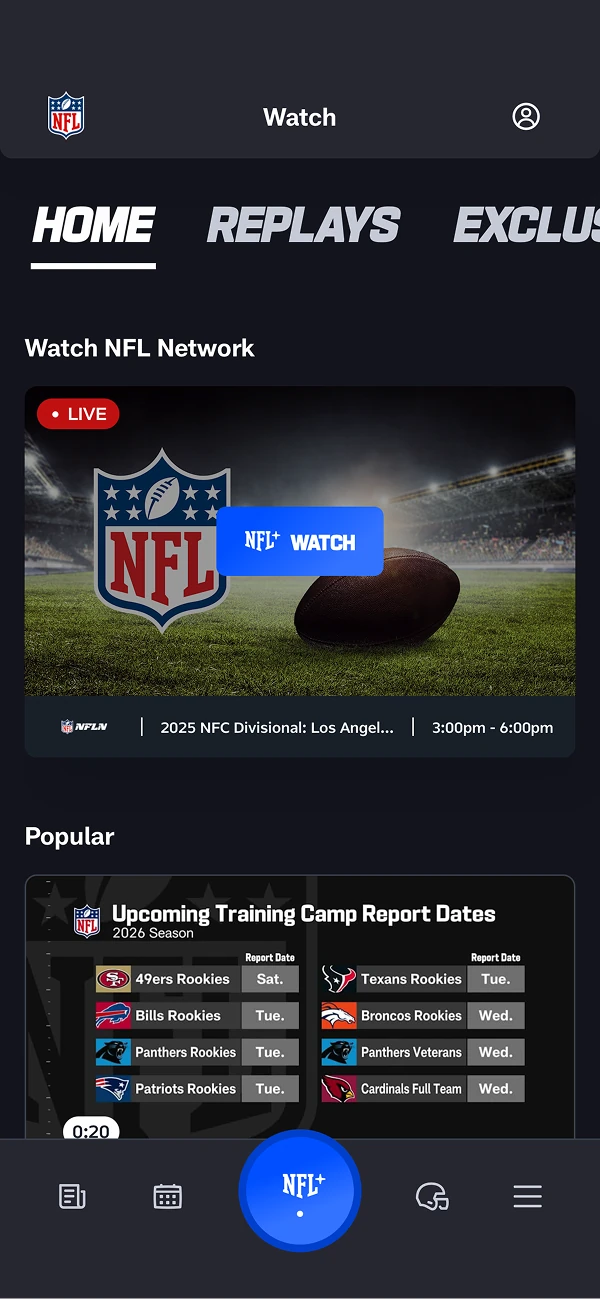 NFL app Watch home screen with live NFL Network content
