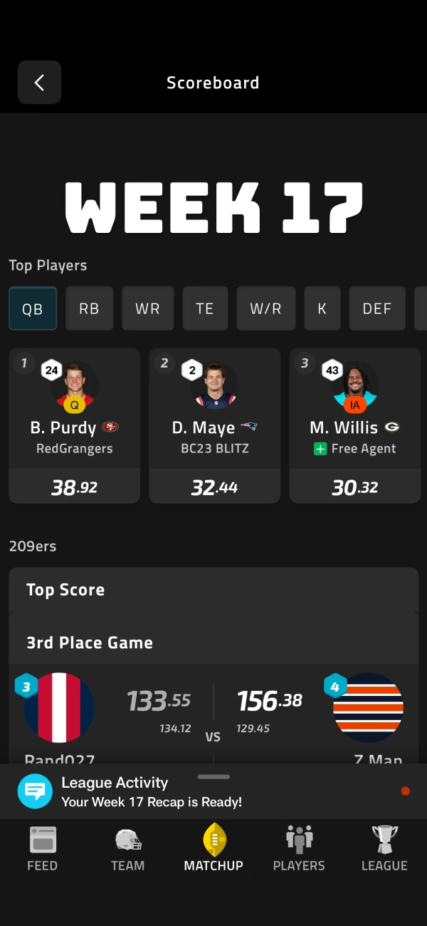 Fantasy football Week 17 scoreboard and matchup screen