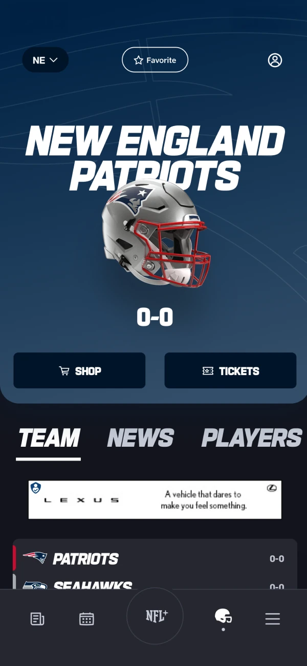 New England Patriots team hub screen