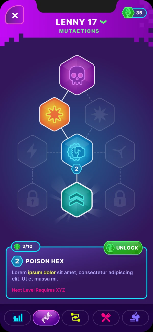 Aerthlings skill tree screen for Lenny 17 showing mutation unlock paths