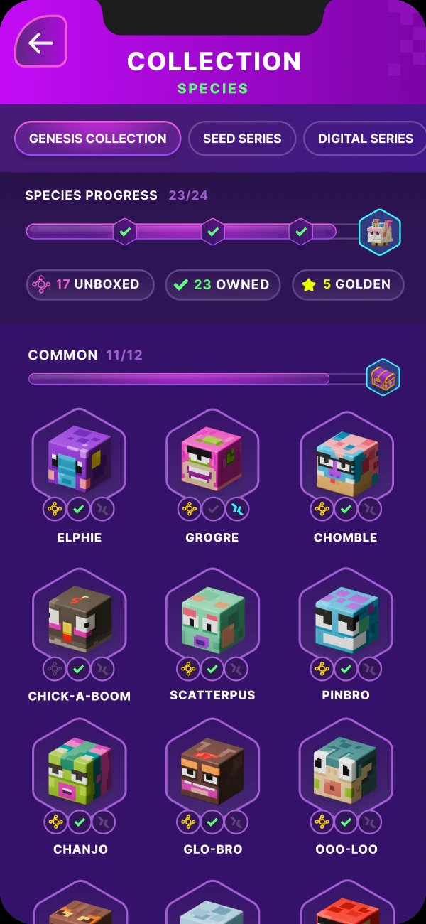 Aerthlings toy collection screen showing owned species